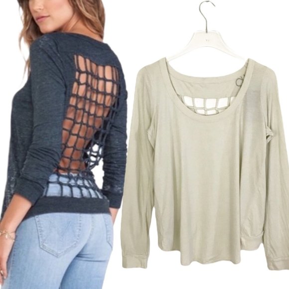 Chaser Grid Open Back Tee Long Sleeve Scoop Neck Cream Size Small NWT - Picture 1 of 8